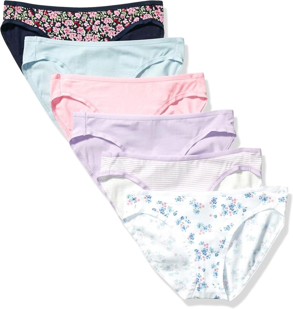 Amazon Essentials Women's Cotton Bikini Brief Underwear, Multipacks (Black Floral/Blue/Lilac/Pink/Stripe/White Ditsy Floral), S