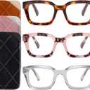 Readers for Women Oprah Style Square Reading Glasses with Spring Hinge Blue Light Blocking for Men Ladies (Gray & Tortoiseshell & Handmade Pink (With 3 Cases))