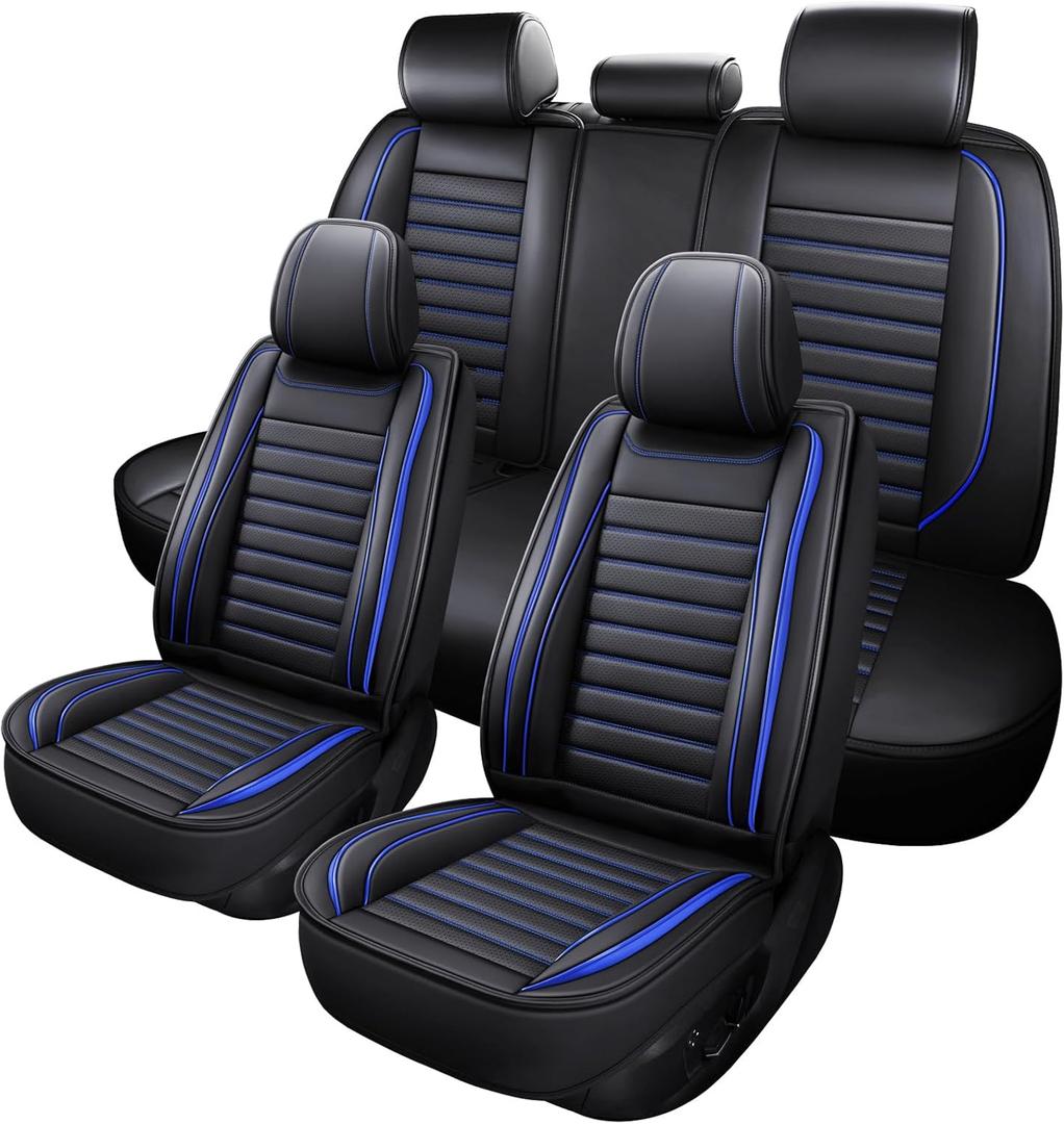 Leather Car Seat Covers, Universal Faux Leather Car Seat Covers 5 Seats, Automotive Seat Covers for Most Sedans SUVs Trucks, Front and Rear Seat Covers,Black Blue (Full Set)