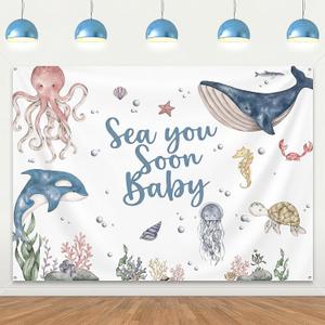 Sea You Soon Baby Cute Theme Backdrop Banner 6.5x5FT Watercolor Photo Background for Baby Shower & 1st Birthday Party Decorations