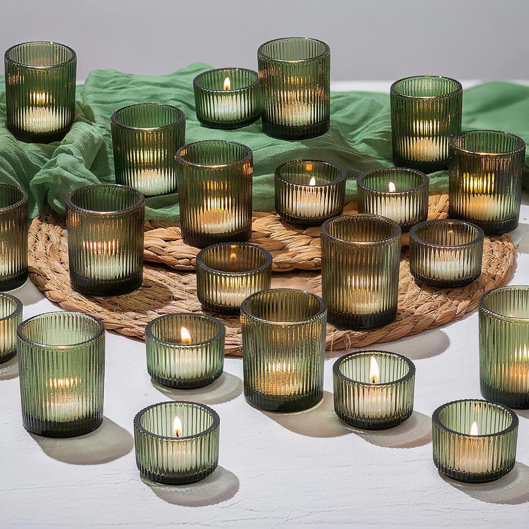 Glasseam Glass Tealight Candle Holder: 24 PCS Green Ribbed Votive Candle Holders Bulk Small Christmas Tea Lights Holders for Table Centerpiece Wedding Decor