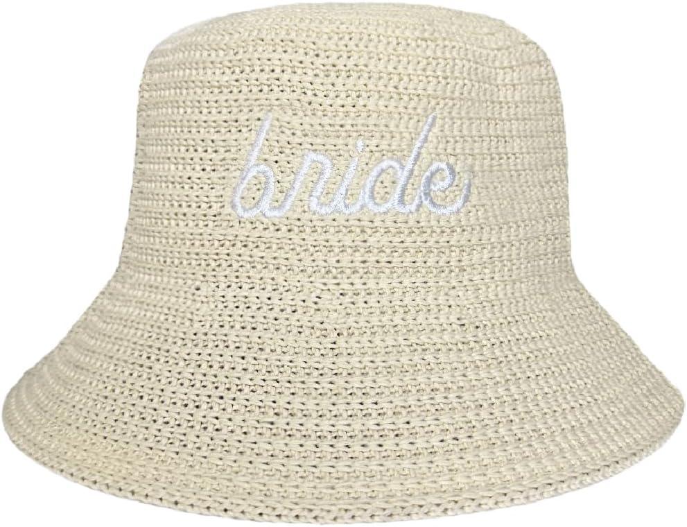 Bride Straw Bucket Hat Brown Beach Hat Bachelorette Accessory Bridal Headwear Bach Party Decorations Wedding Cap