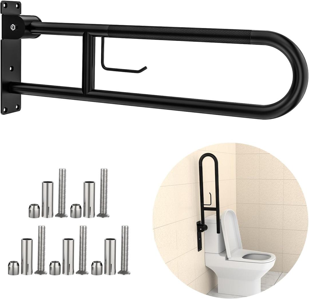 Toilet Grab Bar 30.3 Inch, YuanDe Flip Up Grab Bar with Paper Holder, Matte Black Anti-Slip Safety Bars for Toilet, Stainless Steel Knurled Toilet Handles for Seniors Disabled Elderly, Pregnant