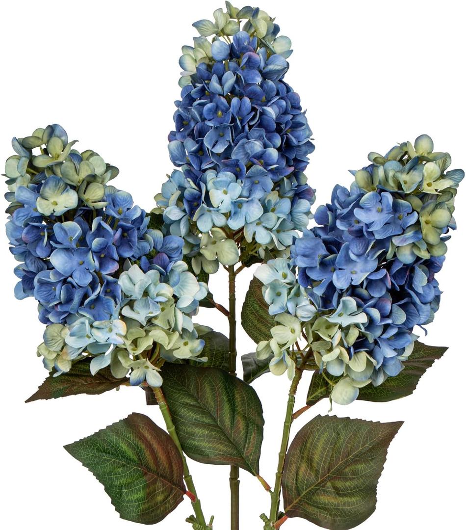 3PCS Fake Flowers Hydrangea Artificial Flowers 28" Long Stem Blue Faux Flowers for Vase, Real Touch Silk Flowers Décor for Floral Arrangement Home Farmhouse Office Hotel Decoration