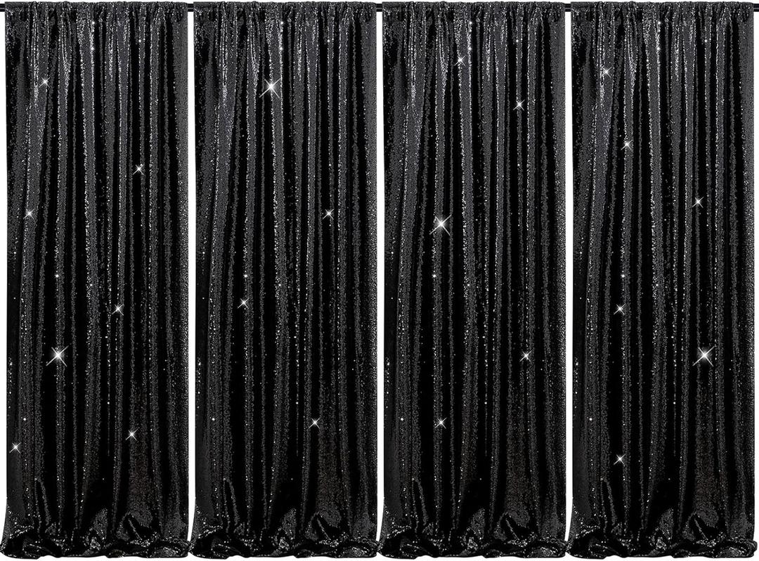 B-COOL Black Sequin Curtains Drapes: 4 Panels Glitter Party Curtains 2FTx8FT for Birthday Gothic Themed Party Wedding Stage Halloween Decorations