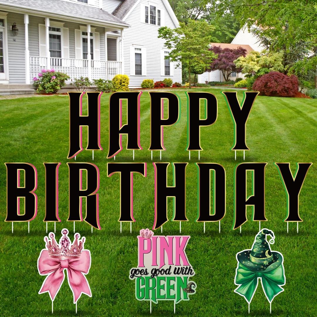 Pink and Green Witch Theme Party Decorations, 16pcs Happy Birthday Party Yard Decorations with Stakes, Pink Goes Good with Green Waterproof Outdoor Lawn Sign for Birthday Holiday