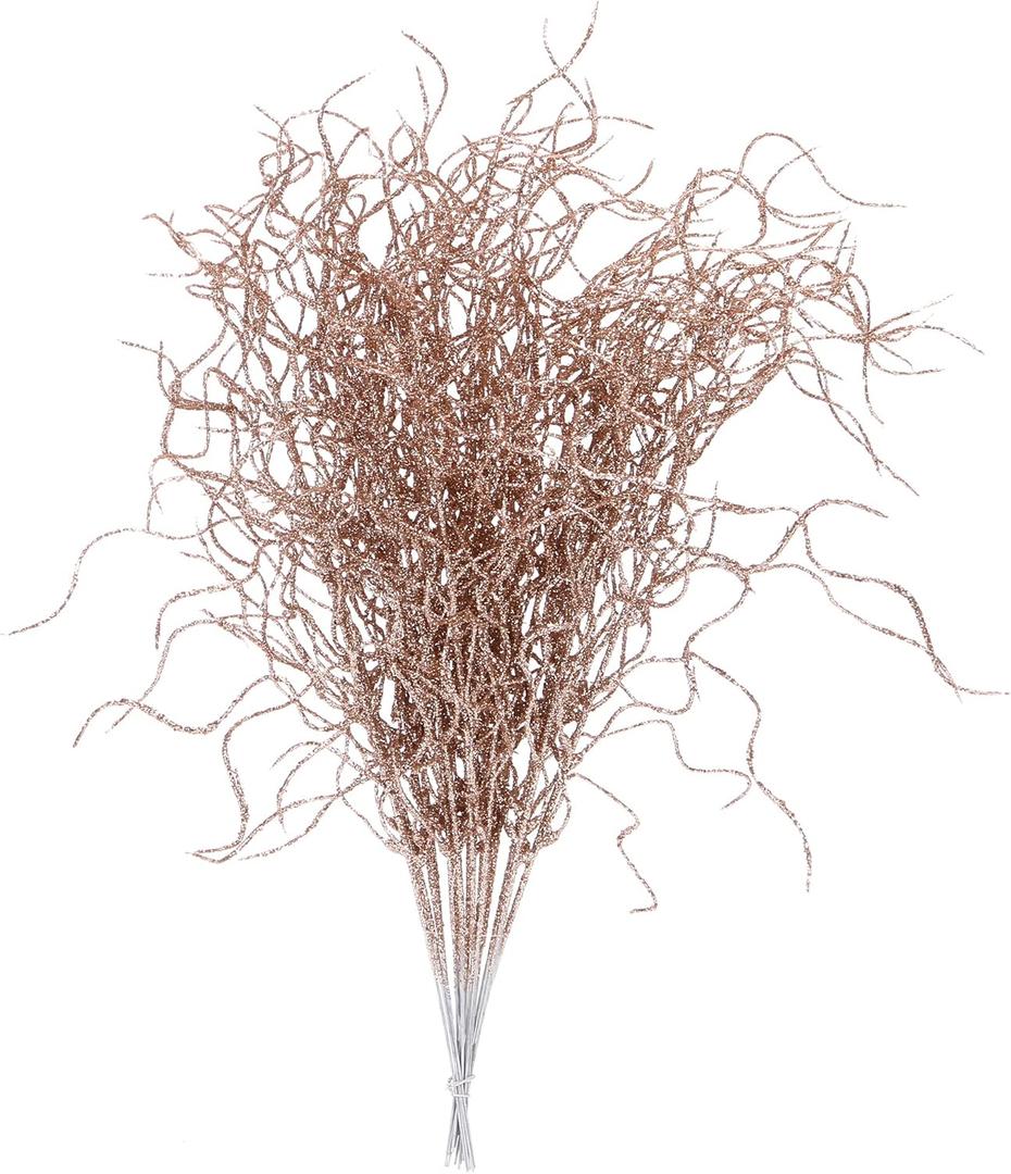 Sea Team 36-Pack Artificial Glitter Vine Twig Ornaments, Decorative Curly Beard Sticks, Glittery Stems, Picks, Branches for Christmas Tree, Small Vase, Holiday, Wedding, Party (12 Inches, Rose Gold)