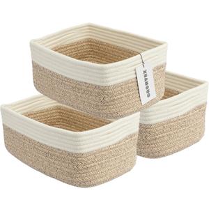 Small Woven Storage Baskets 12X8X5 Decorative Rope Bins for Organizing Shelves, Closets, and Toys, Empty Gift Baskets, Cute Organizer Basket for Home and Office (white and brown regular)