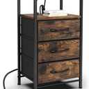 Night Stand with Charging Station, LED Nightstand with USB Ports and Outlets, Bedside Table with 3 Fabric Storage Drawers, Small Night Stands for Bedroom, Light Black (1 Piece)
