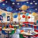 45 Pcs 2026 Space Celing Decoration for Classroom 24" x 13ft Galaxy Hanging Backdrop, Star Hanging Ornament, Solar System Paper Lanterns, Hooks for Kids Birthday VBS School Party Decor