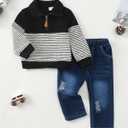 Baby Toddler Boy Clothes Fall Winter Boys Outfits Quarter Zip Pullover Sweatshirt Jeans Denim Pants Sweatsuit Set (Black)