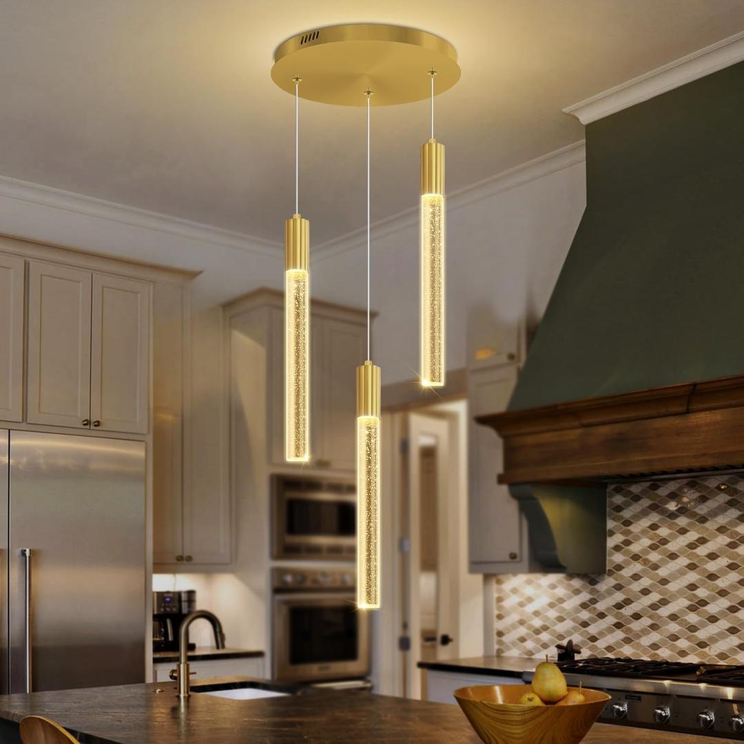 LED Modern Bubble Crystal Pendant Light for Kitchen Island Dining Room Living Room Foyer Remote Dimmable Gold Hanging Ceiling Fixture