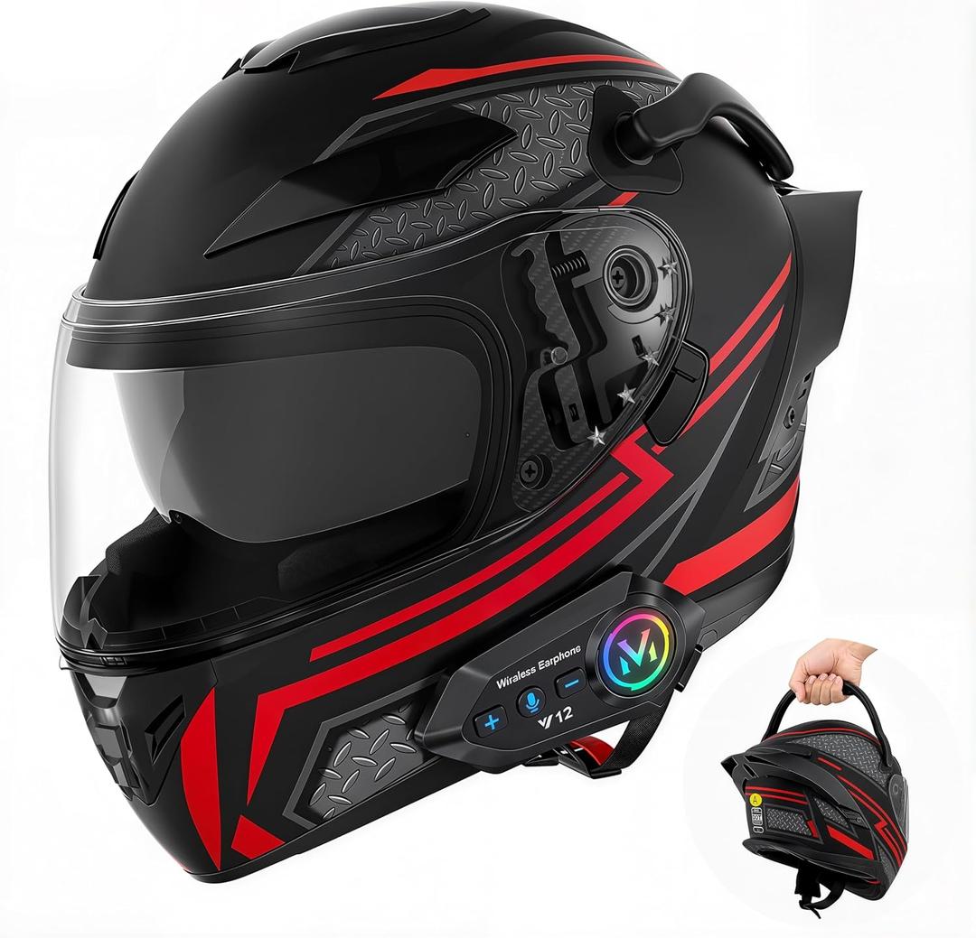 Pyzstohx Full Face Motorcycle Helmets with Bluetooth DOT (Black Red, XL)
