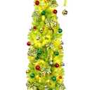 52pcs 7.5 Ft Artificial Lighted Christmas Tree with Stand Bendable Christmas Tree with String Lights Ball Bow Whimsical Plastic Prelit Xmas Trees Holiday Party Decoration for Room Home Office Decor