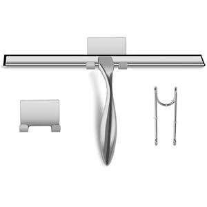 peafowl Shower Squeegee Stainless Steel Bath Squeegee for Shower Glass Doors Bathroom Windows Kitchen Mirror and Car Glass with Hooks Holder (10 inch, Brushed Silver)