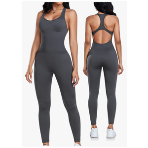 OLCHEE Womens Workout Jumpsuits Seamless Yoga Gym Bodycon Rompers Sexy Racerback Tummy Control Padded Bra Unitard - Grey Medium