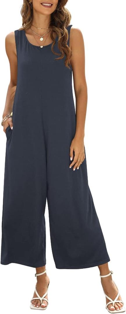 Women's Summer Casual Loose Tank Jumpsuit Sleeveless Crewneck Jumpsuit Romper Outfits with Pockets (XX-Large, Dark Gray)