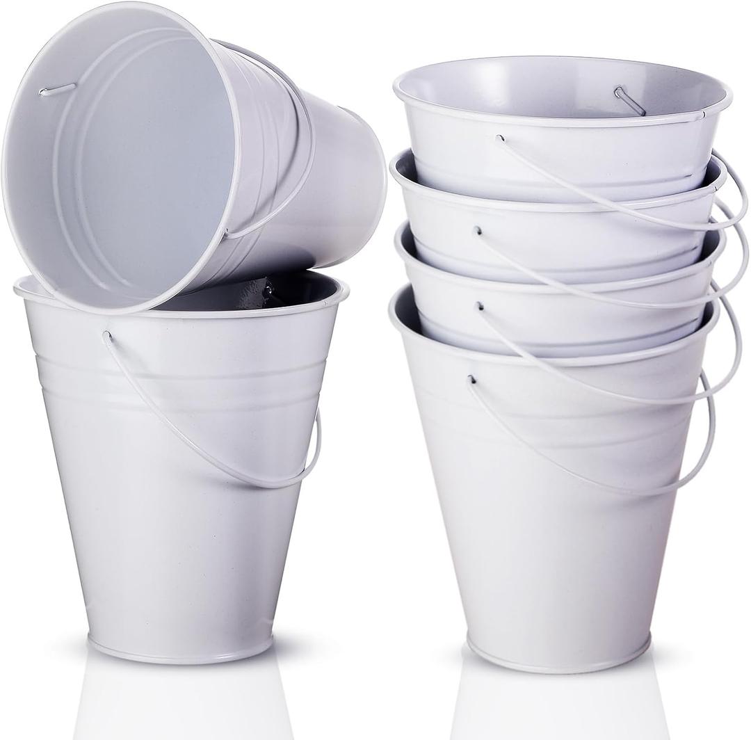 Sadnyy 6 Pack 5" Small White Metal Galvanized Buckets Bulk with Handle Mini Metal Buckets Pails for Halloween Christmas Party Favors Decoration Candy Container Centerpiece for Table Vase