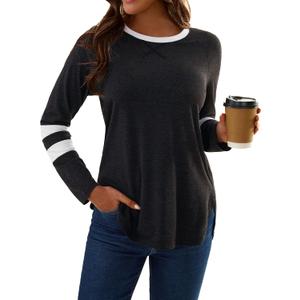 SOFIA'S CHOICE Womens Long Sleeve T Shirts Crew Neck Color Block Top Fall Basic Shirts (Black, Medium)