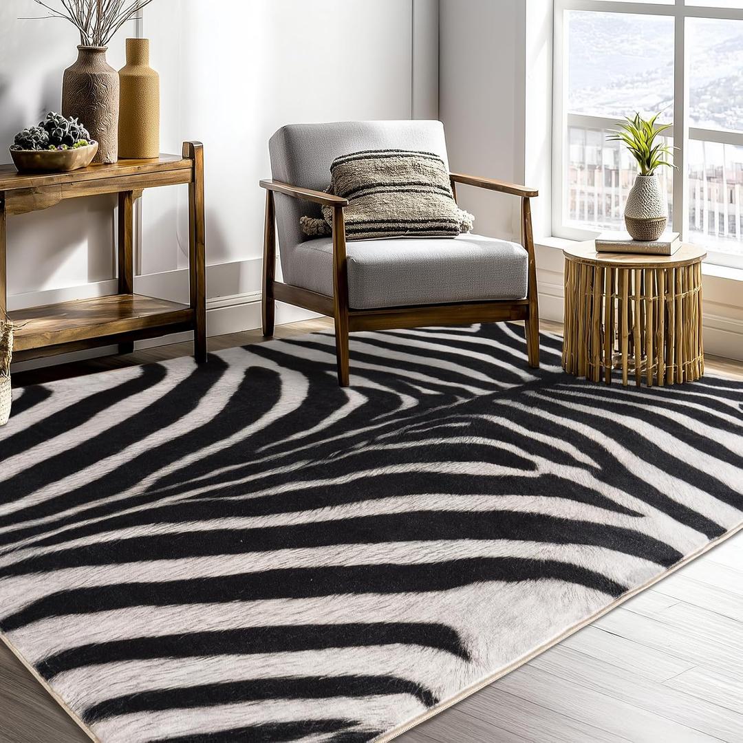 Zebra Rug Area Rugs for Living Room, 4x6 Animal Print Rug Machine Washable for Bedroom Dining Room Western Home Decor Non-Slip Low Pile Indoor Floor Carpet