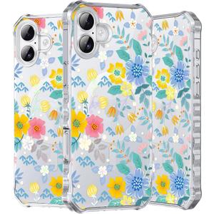 Hocase for iPhone 17e/16e Case 6.1", with [Curly Wave Edge & Shiny Design] [Compatible with MagSafe] [Reinforced Corners] Slim Fit Shockproof Protective Phone Case - Yellow Blue Flowers
