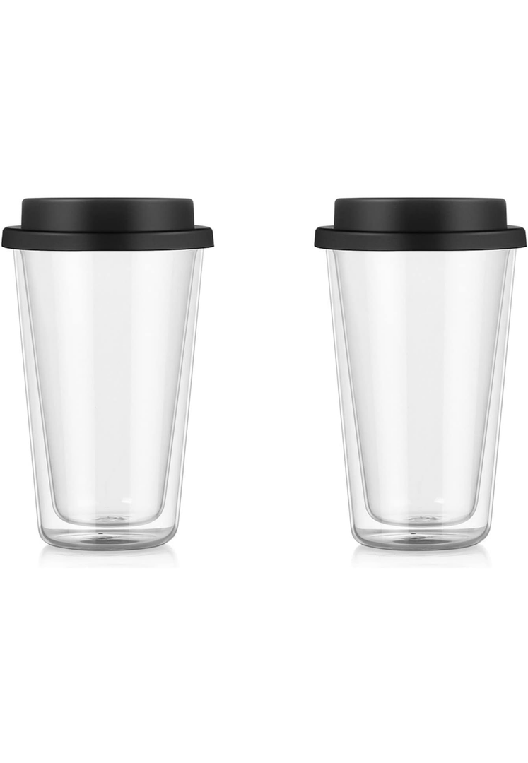 2pcs Double Wall Glass Tumbler To Go 12oz Reusable Clear Travel Mug with Silicone Lid Insulated Double Wall Glass Travel Mugs for Coffee, Milk, Tea