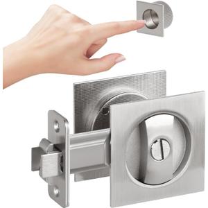 Brushed Nickel Privacy Pocket Door Hardware, 2 3/8" Backset, Zinc Alloy Heavy Duty Square Pocket Door Lock Silver, Solid Pocket Door Handle(1 Pack)