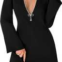 WDIRARA Women's Rhinestone V Neck Bodycon Mini Dress Glitter Long Sleeve Party Clubwear Dress (Large, Black)
