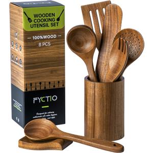 8 PCS Acacia Wooden Utensil Set with Holder, Spoon Rest, Durable Wooden Spoons for Cooking, Heat-Resistant, Comfort Grip,Easy to Clean, Non-stick Friendly, Ideal for Gifting