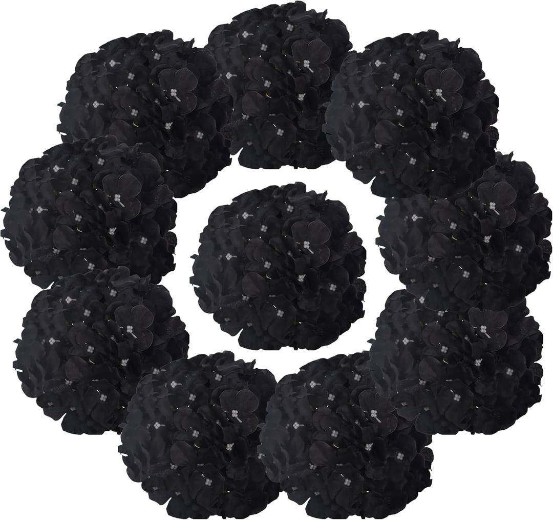 10PCS Silk Hydrangea Heads with Stems Artificial Flowers for Wedding Party Home Decor (Black)