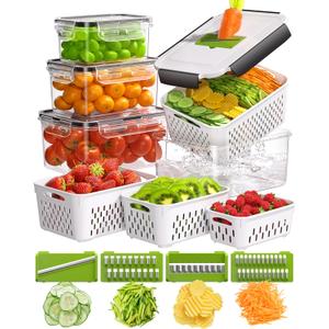 4 Pcs Fruit Storage Containers for Fridge with Vegetable Chopper Set & Removable Colander, Airtight Food Storage Containers with Mandoline Slicer, Dishwasher & Microwave Safe