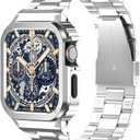 Metal Band Compatible with Apple Watch Band  45mm for Series SE/SE2 9 8 7 ,Stainless Steel iWatch Band with Bumper Case for Men,Metal iWatch Strap with Metal Protective Cover (45mm(Series 9/8/7), Silver)