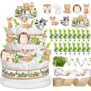 Woodland Baby Shower Decorations DIY Diaper Cake Kit with Neutral Forest Animal Burlap Sage Green Leaf Ribbon Leaves Welcome Baby Gender Reveal Party Decor Mommy Gift(Card)