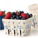 Farmhouse Ceramic Berry Basket, Colander, Farmers Market square Bowl. Rustic Kitchen decor fruit bowls, Fruit Baskets, Bleu White and Blueberry pattern Stoneware Harvest Bowls Set of 3