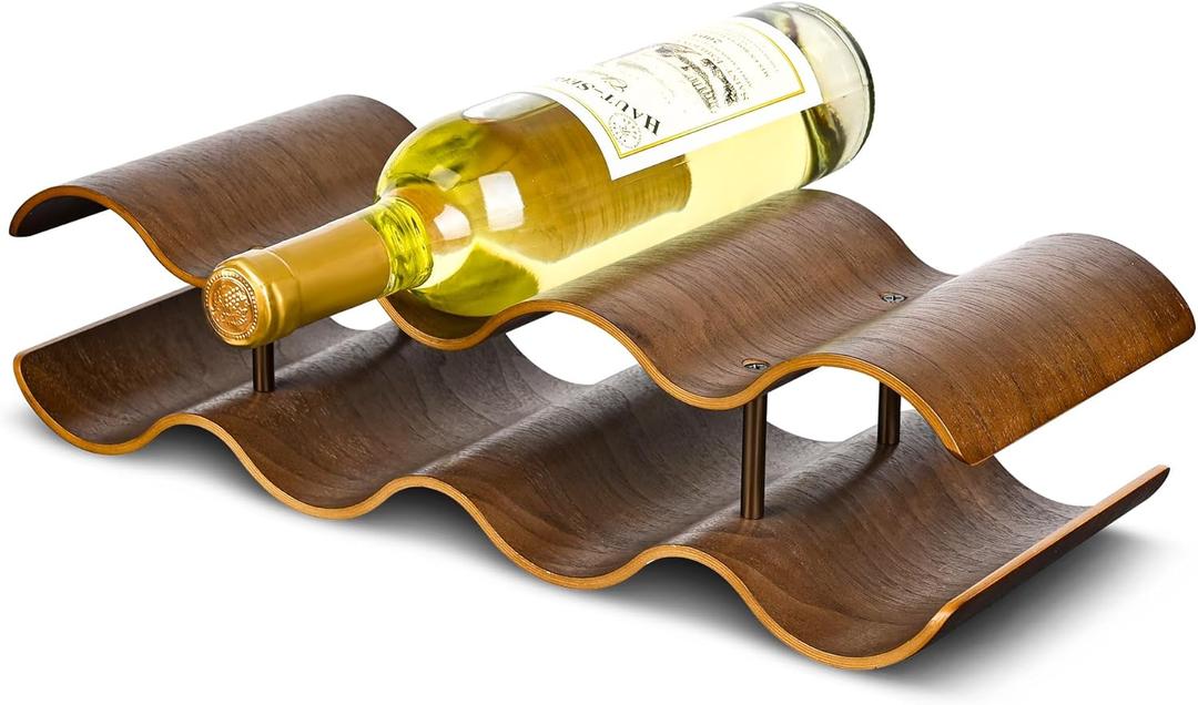 Countertop Wine Rack - 7 Bottle Freestanding Wine Bottle Holder Stand - 2 Tier Wooden Wine Storage Rack - Walnut Wavy Wine Organizer for Cabinet Pantry Home Kitchen Bar
