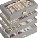 SONGMICS Stackable Jewelry Trays, 4-Tier Jewelry Box, Drawer Jewelry Organizer, with Glass Lid, Removable Dividers, for Vanity Table, 6.7 x 11 x 7.2 Inches, Gift Idea, Dove Gray UJBC164G01