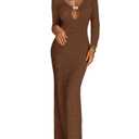 GORGLITTER Women's Crochet Long Sleeve Bodycon Maxi Dresses Metal Cut Out V Neck Fall Lightweight Sweater Knit Dress Brown X-Large