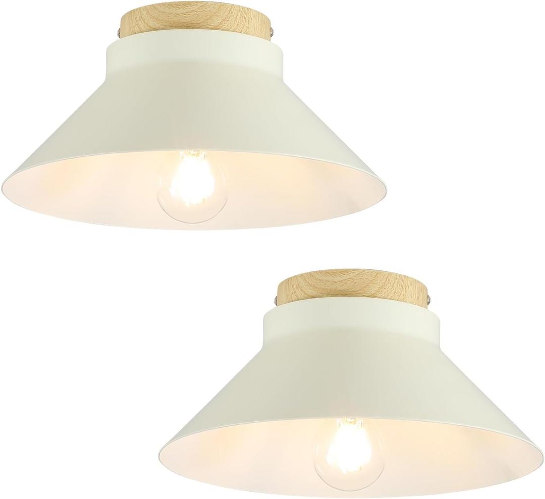 2 Pack Modern Flush Mount Ceiling Light, 11.8'' Cream White Metal Ceiling Light Fixtures with Natural Wood Accent, Farmhouse Semi Flush Mount Light Fixtures for Kitchen, Hallway, Entryway, Bedrooms