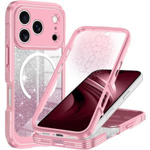 Hekodonk for iPhone 17 Pro Max Case, Compatible with Magsafe [Built-in Tempered Glass Screen Protector & Camera Lens Protection] Full Body Shockproof Protective Women Girl Bling Case,All Pink