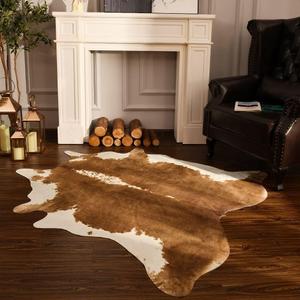 BENRON Premium Faux Cowhide Rug, Cow Print, Rustic Western Rugs for Living Room Bedroom, Irregular Animal Skin Hides, 4.6 x 5.2ft, Anti-Skid Cool Carpets for Cowboy Cowgirl Home Decor, Khaki Brown (Caramel)