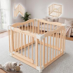Foldable Wooden Playpen - Adjustable Wood Baby Play Yard with Child-Proof Lock, Indoor Large Safety Fence for Babies and Toddlers - Easy Assembly, 55 x 55 x 24 inches, Rainbow Dream, Brown