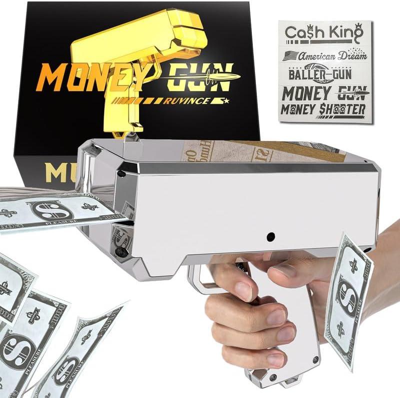 Money Gun Shooter  RUVINCE Money Gun for Movies that Look Real, Prop Gun Make it Rain, Handheld Cash Gun for Game Movies Party (Silver)