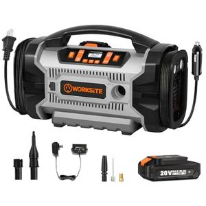 WORKSITE Tire Inflator Air compressor Portable, 160 PSI Car Air Pump with Multi Power Source (110V AC, 12V DC & 20V Battery) for cars, bikes, balls,Gray
