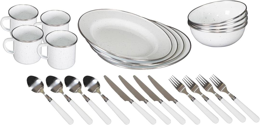Stansport 24-Piece Enamel Camping Tableware Set (White)
