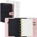 Koqye A7 Leather Binder 6-Ring with Zipper Pocket, Include Dividers & Refills Stickers, Black Refillable Planner Cover with Pockets (Black & Pink)