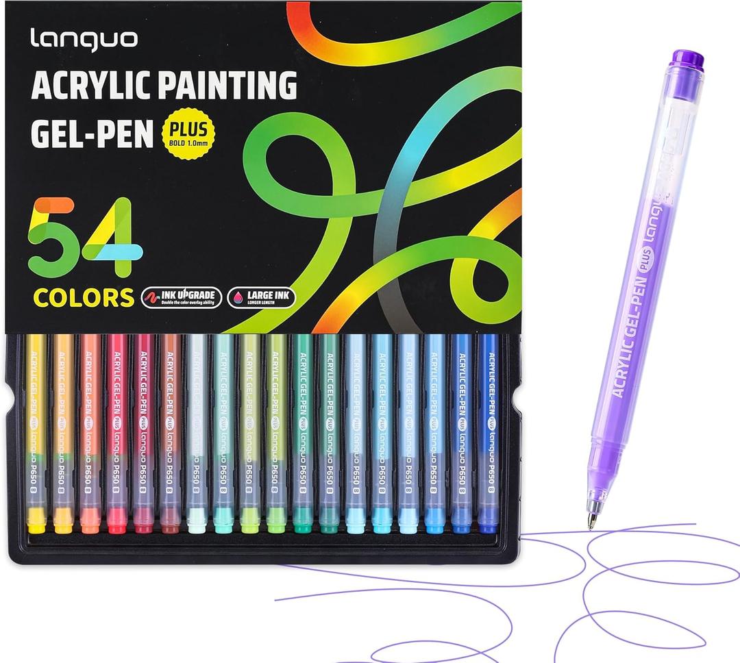 languo Acrylic Gel Pens for Coloring, 54 Colors Set 3D Acrylic Paint Pens with 1.0mm Bullet Tip for Adult Coloring, Colored Gel Pens for Black Paper, Rock, Glass, Fabric, DIY and Art Crafts Supplies