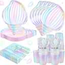 Cunhill 144 Pcs Mermaid Party Supplies Disposable Paper Tableware, Holographic Shell Plates Napkins Cups Spoons Fork Knives for Under The Sea Parties Baby Shower Birthday Party Decorations, Serve 24