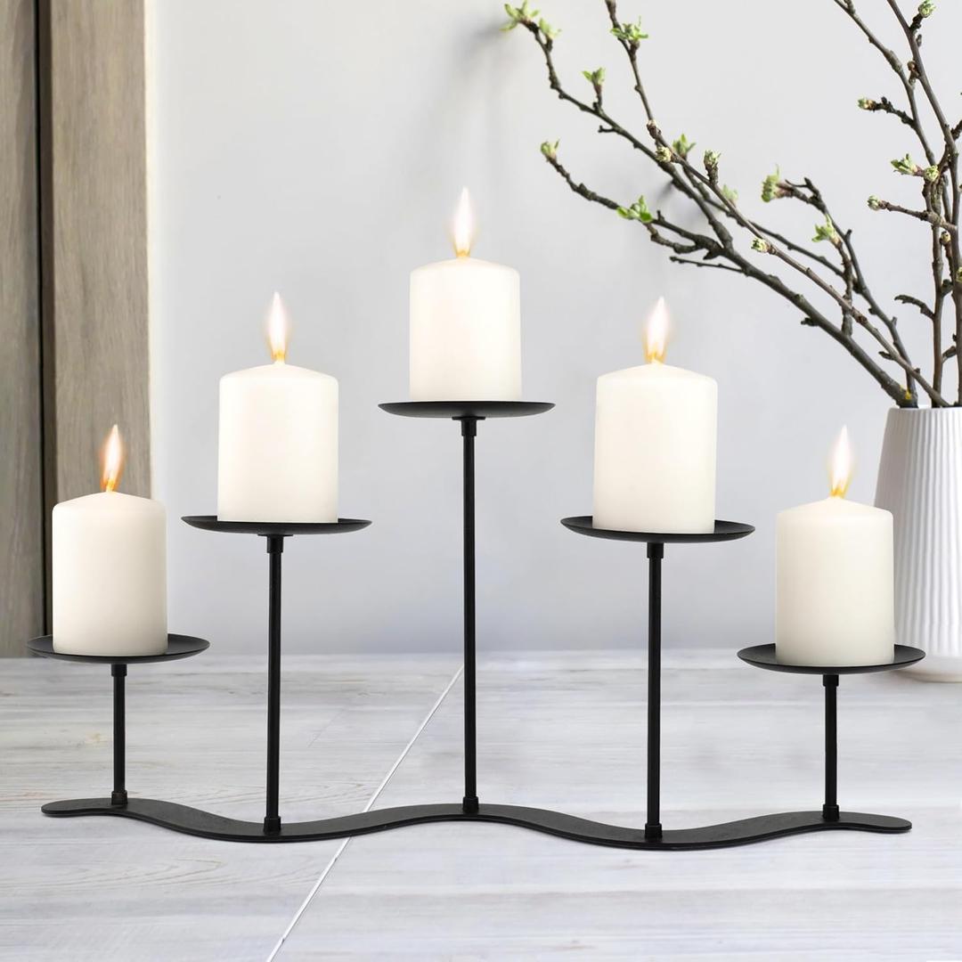 Black Iron Candelabra Candle Holder: Metal Centerpiece Decor - 5 Arm Candle Holder Stand for Pillar Candles (17 inch)