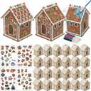 24 Pack Wood Gingerbread House DIY Craft Kit for Kids DIY Christmas Village Houses to Build & Paint with Watercolor Pens & 3D Puffy Stickers & Jute Twines for Xmas Wood Unfinished Crafts