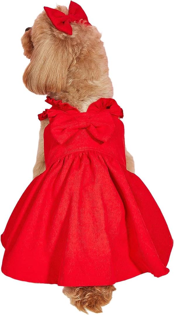 GORGLITTER Bow Dog Dress Ruffle Trim Princess Dress Pet Clothes with Bow Clip Red X-Large
